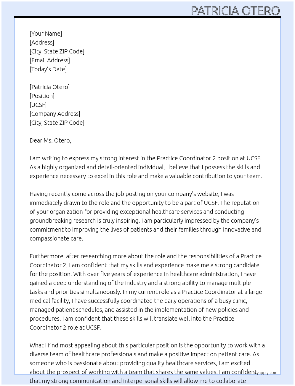 Practice coordinator 2 At UCSF Cover Letter