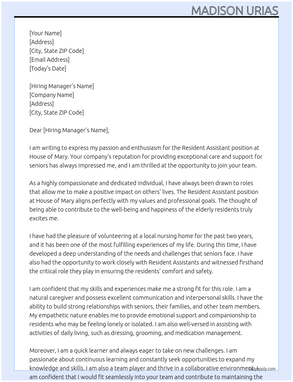 Resident Assistant At House of Mary Cover Letter