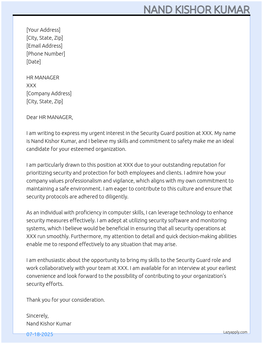 SECURITY GUARD At XXX Cover Letter