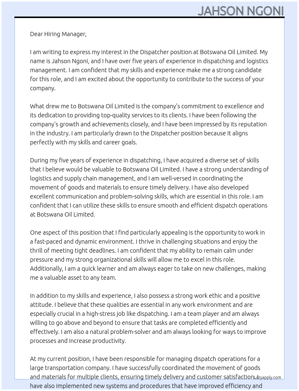 DISPATCHER At BOTSWANA OIL LIMITED Cover Letter