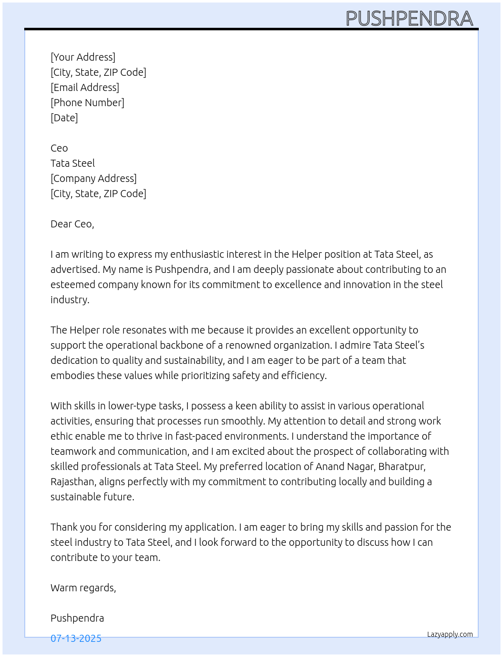 Helper  At Tata steel Cover Letter