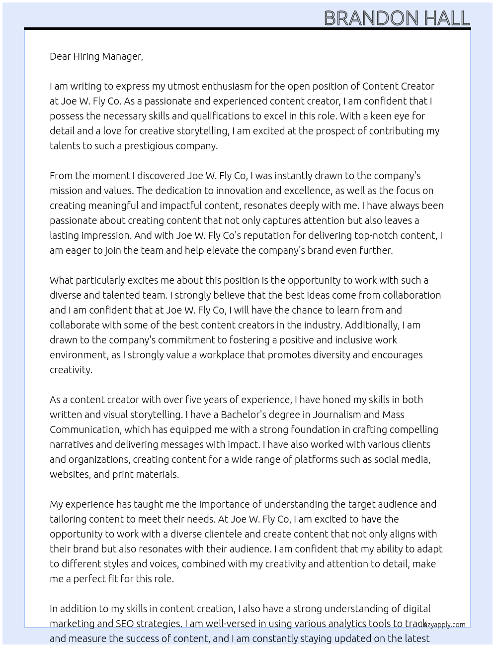 Content Creator At Joe W. Fly Co Cover Letter