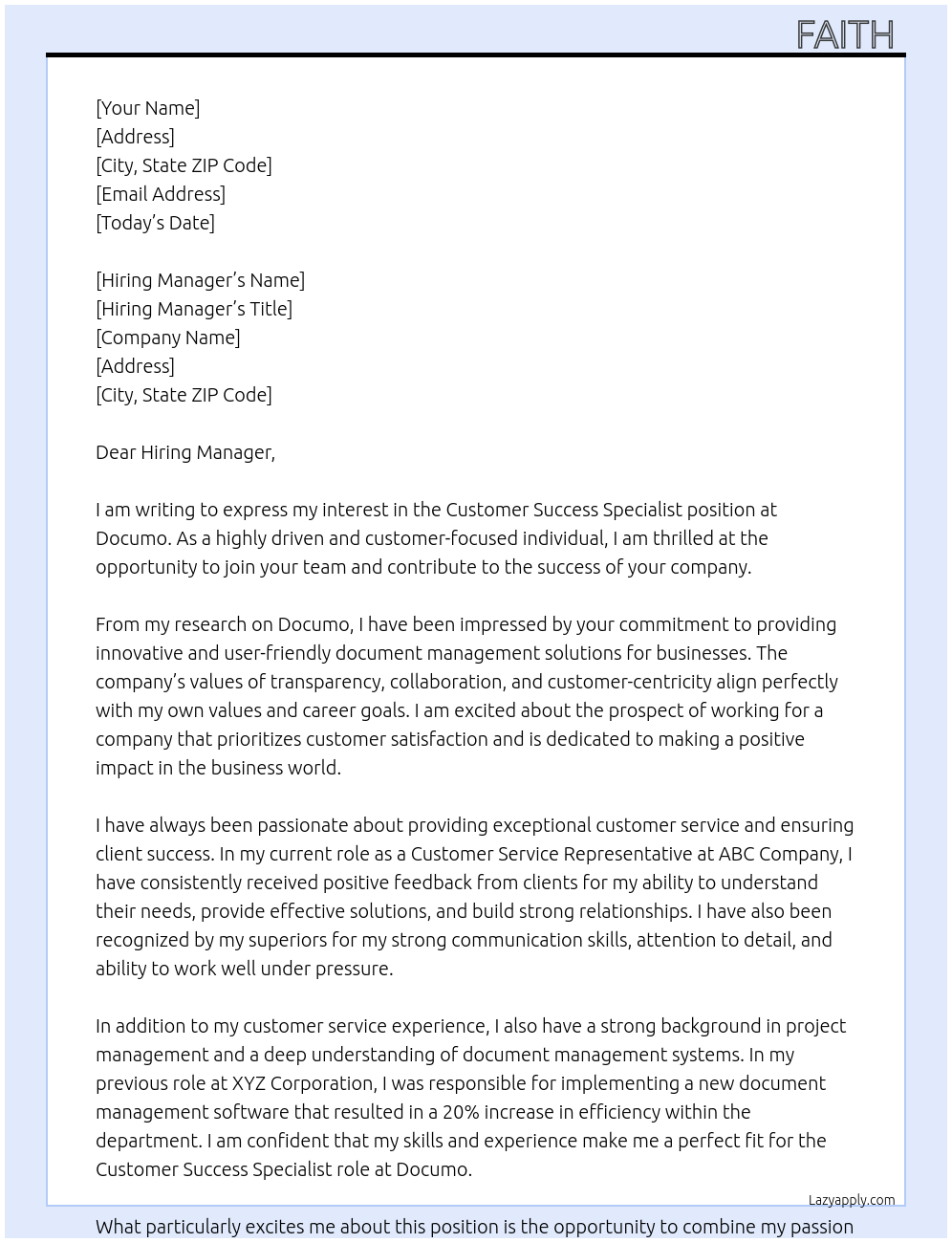 Customer Success Specialist At Documo Cover Letter