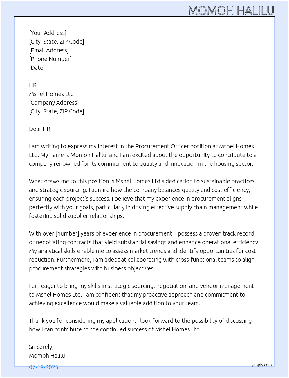 procurement officer At Mshel Homes Ltd Cover Letter