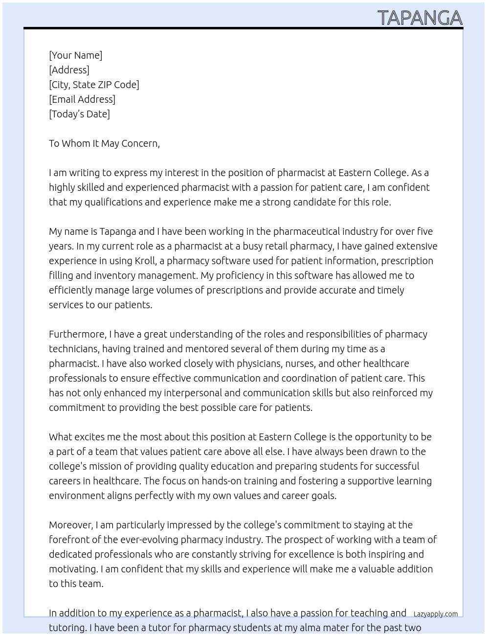 pharmacist At Eastern College Cover Letter
