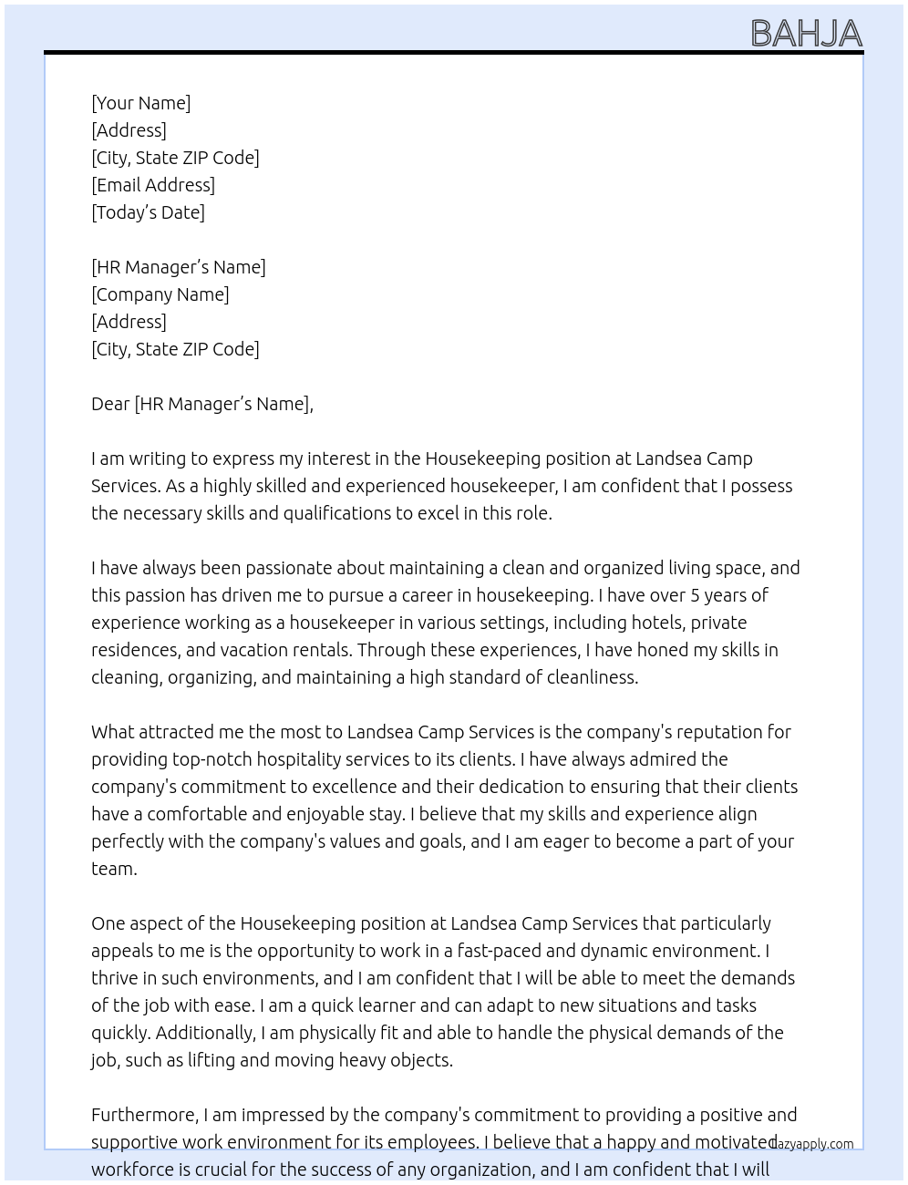 Housekeeping At Landsea camp services Cover Letter