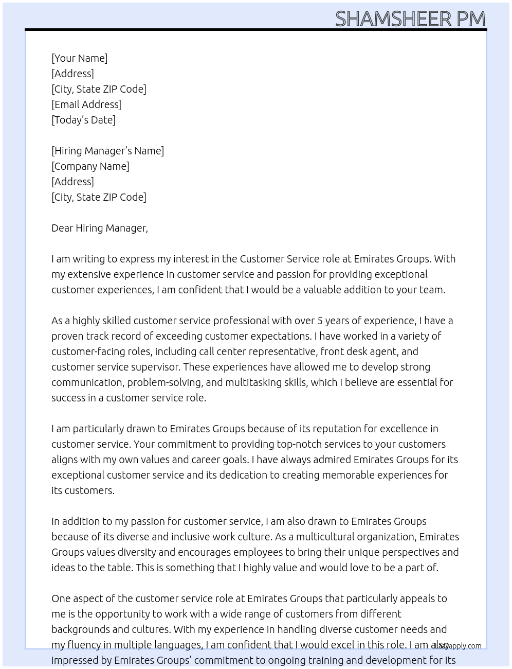 Customer service roles At Emirates groups Cover Letter