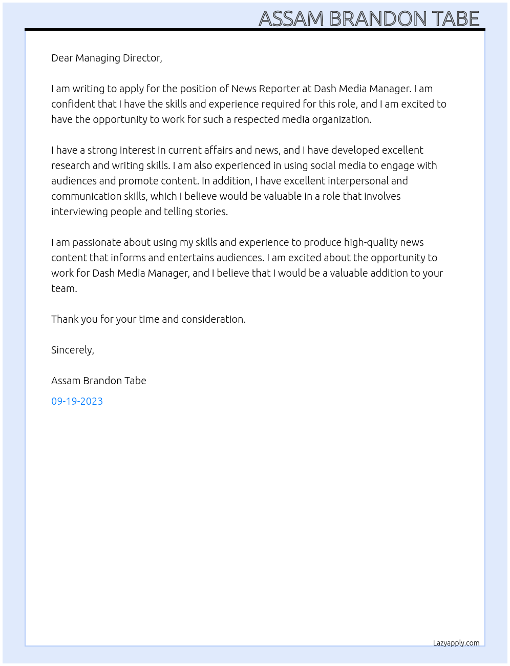 News reporter  At Dash media manager  Cover Letter