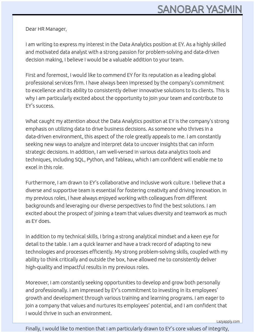 Data Analytics  At EY Cover Letter