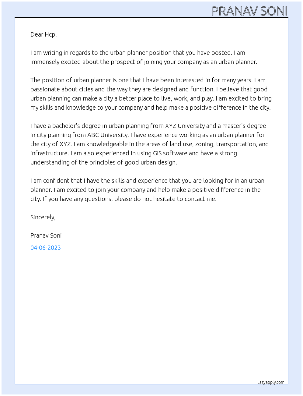 Urban planner At Hcp Cover Letter