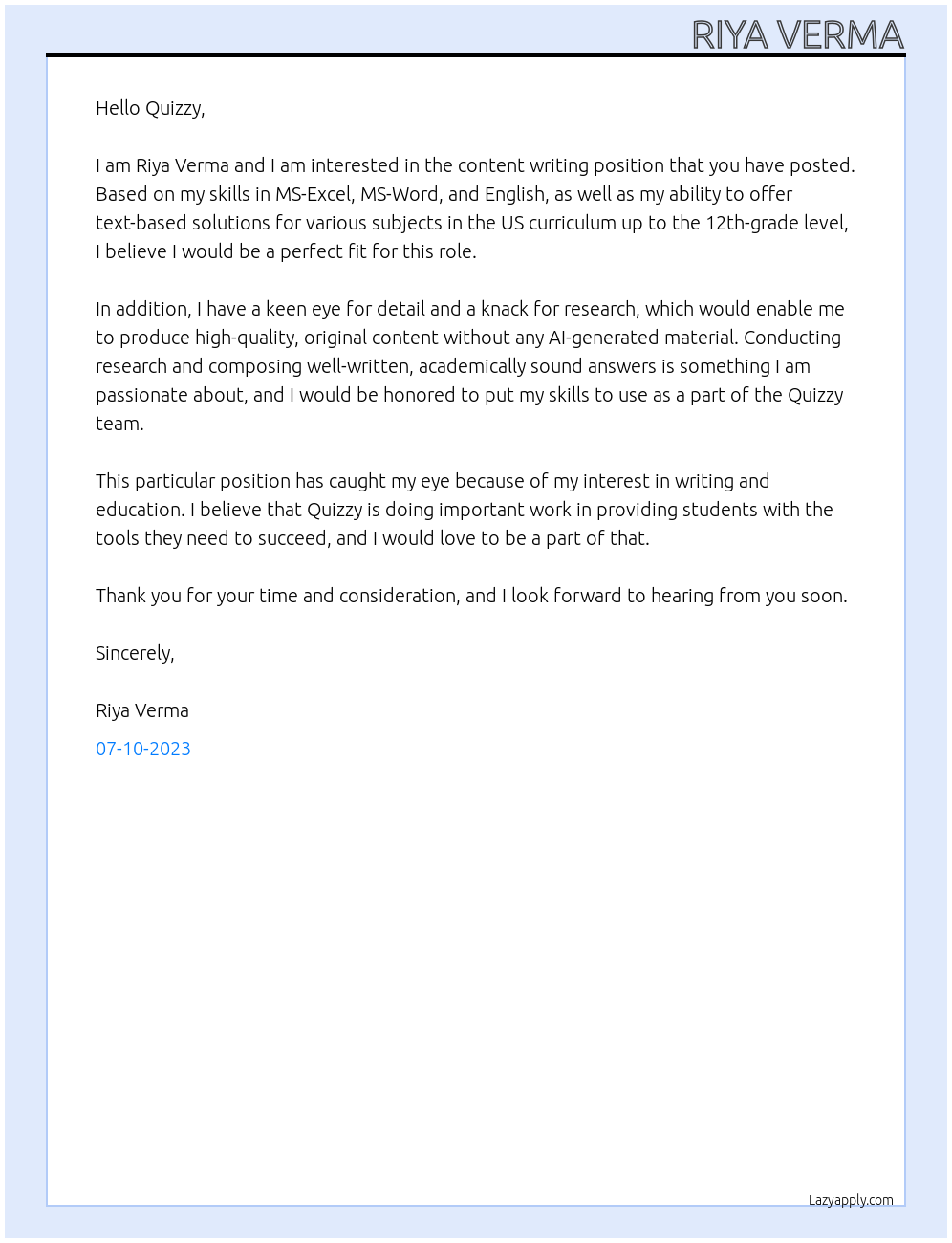 Content writing At Quizzy Cover Letter