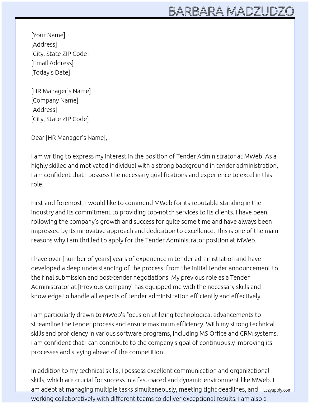 Tender Administrator At MWeb Cover Letter