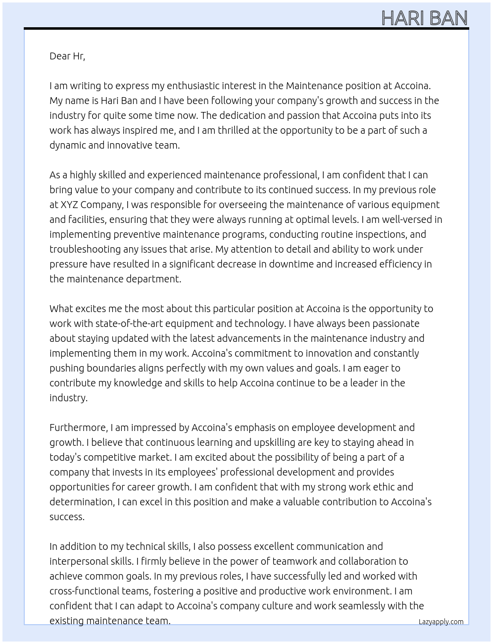 maintenance  At Accoina  Cover Letter