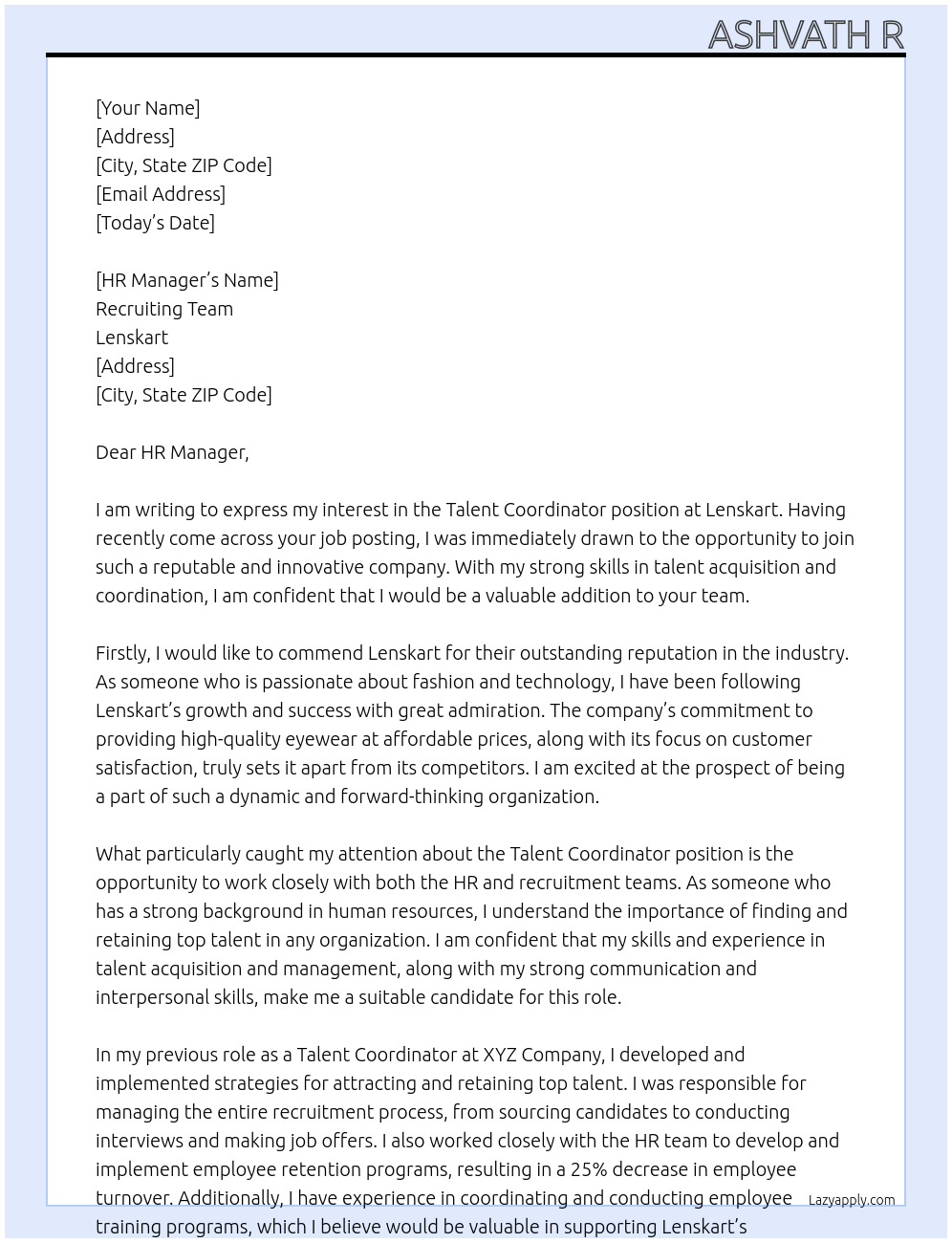 Talent coordinator  At LENSKART  Cover Letter