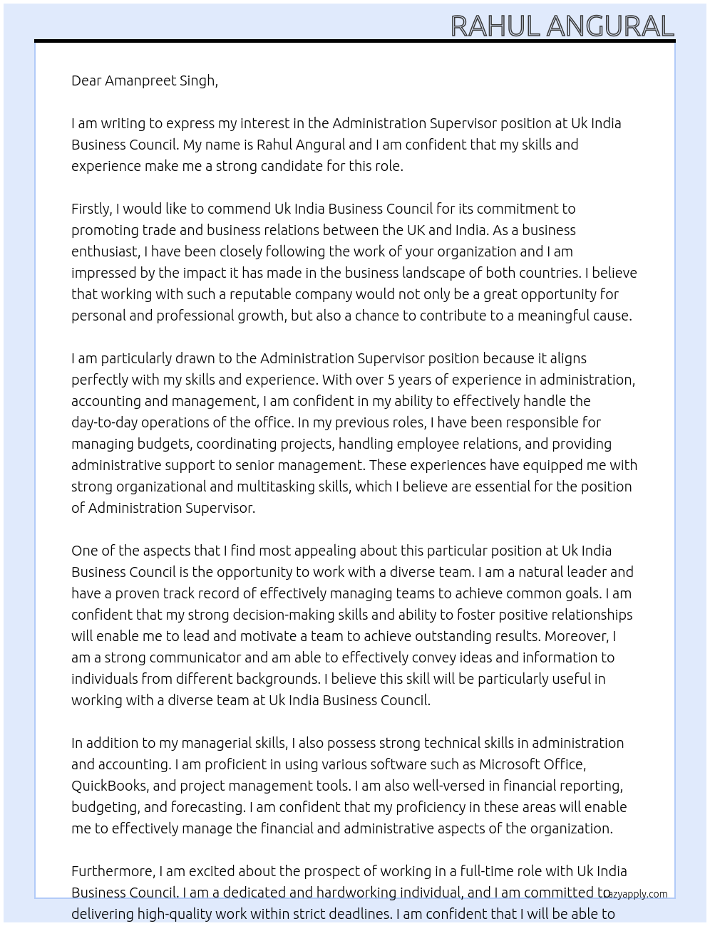 Administration Supervisor  At Uk India Business Council Cover Letter