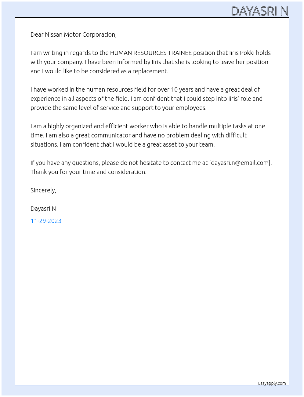 HUMAN RESOURCES TRAINEE At Nissan Motor Corporation Cover Letter
