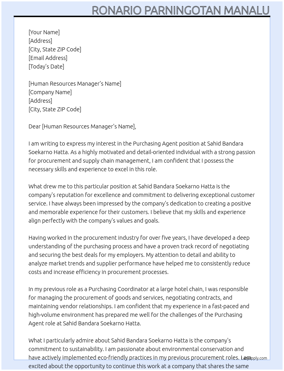 Cover letter for purchasing agent - LazyApply
