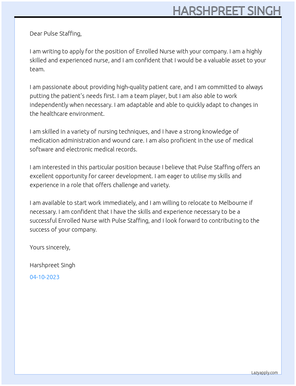 enrolled nurse At Pulse Staffing Cover Letter