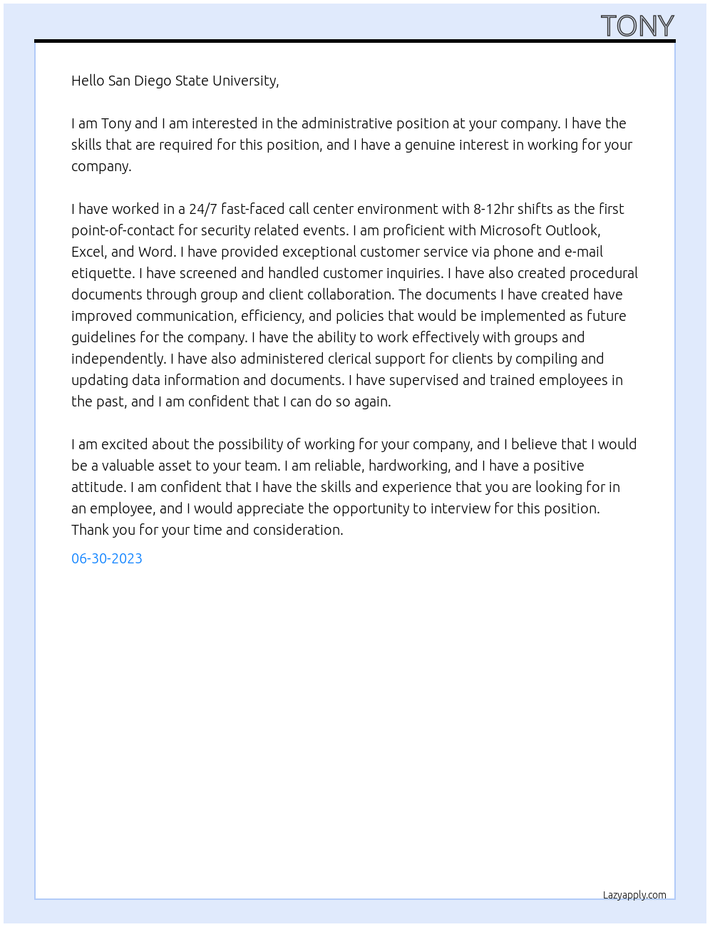 Administrative  At San Diego State University Cover Letter