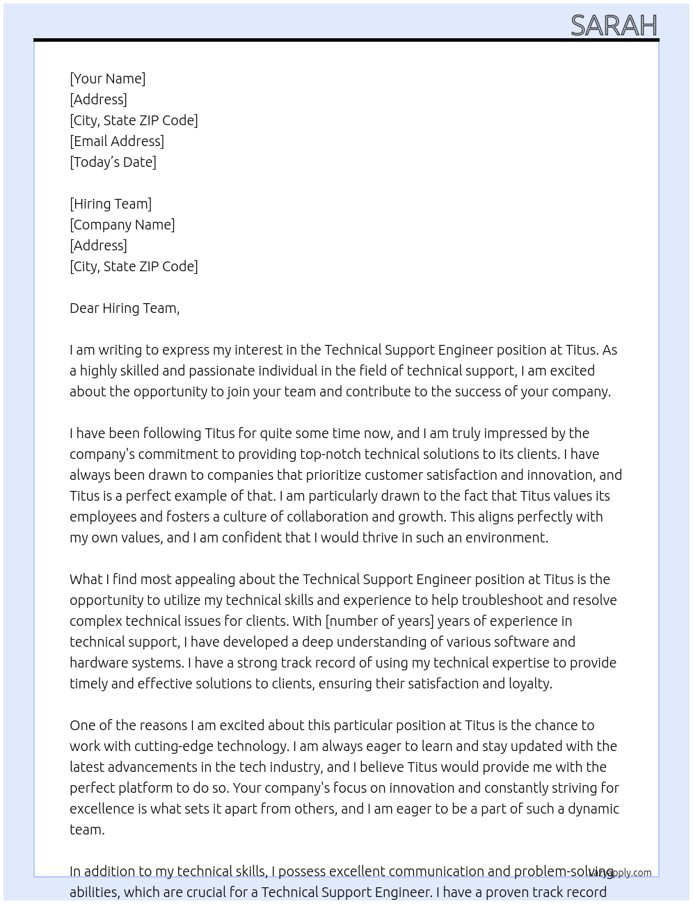 Technical Support Engineer At Titus Cover Letter