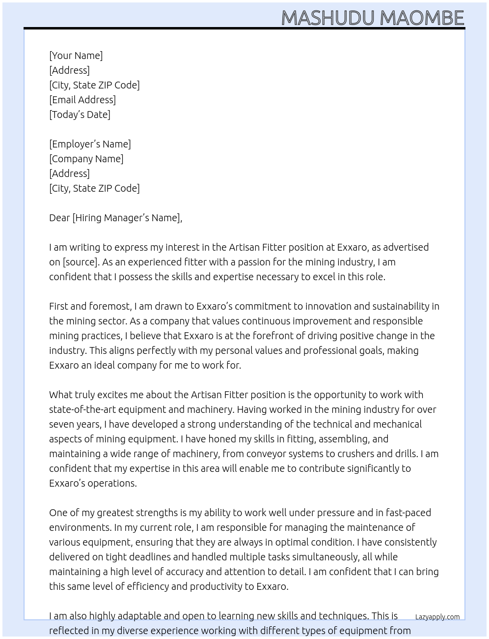 Artisan fitter At Exxaro Cover Letter