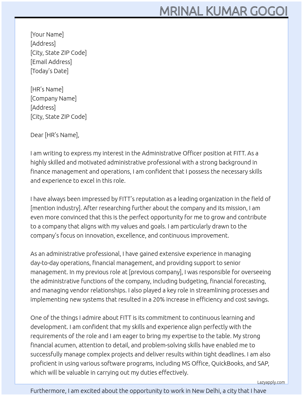Administrative Officer At FITT Cover Letter