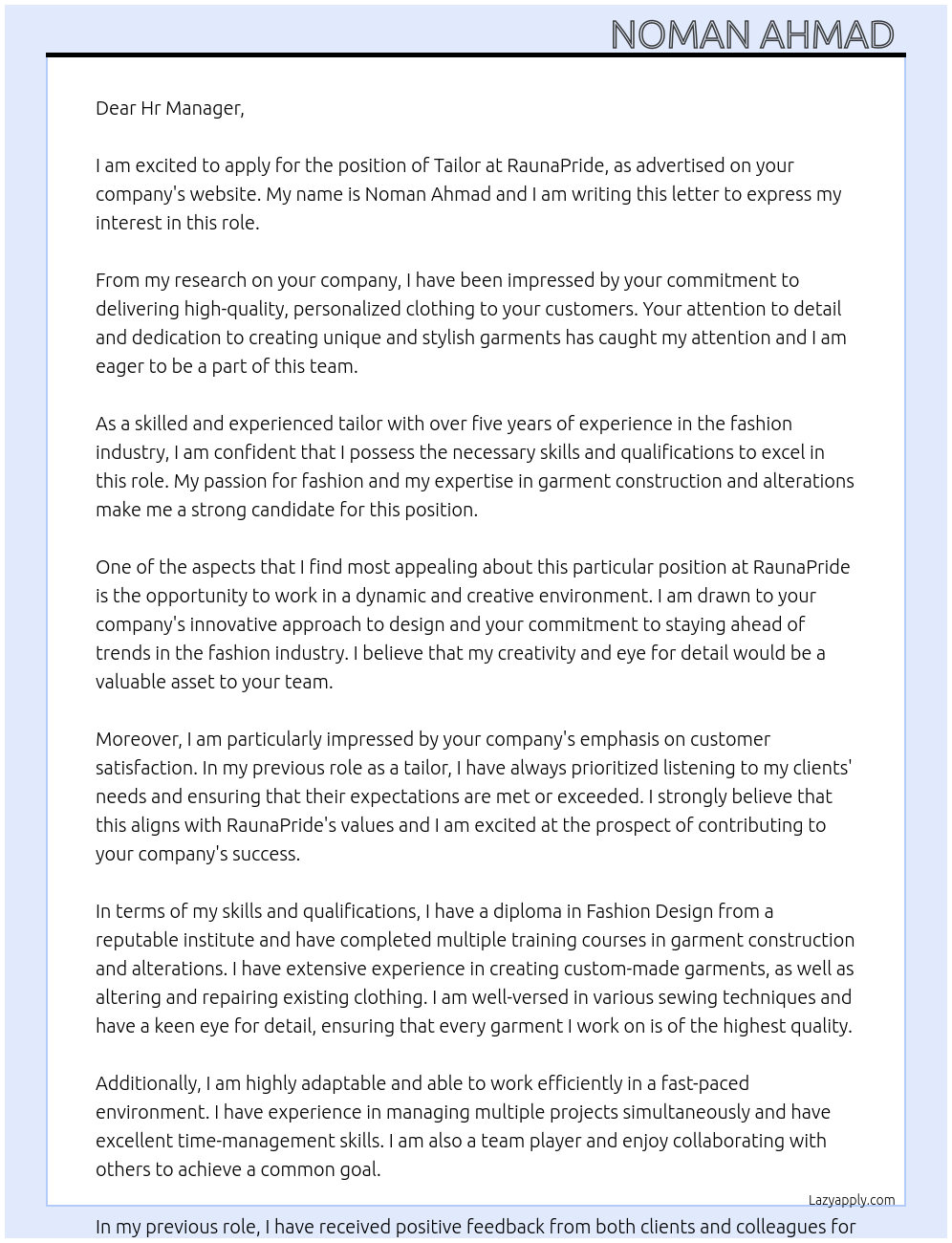 Tailor At RaunaPride Cover Letter