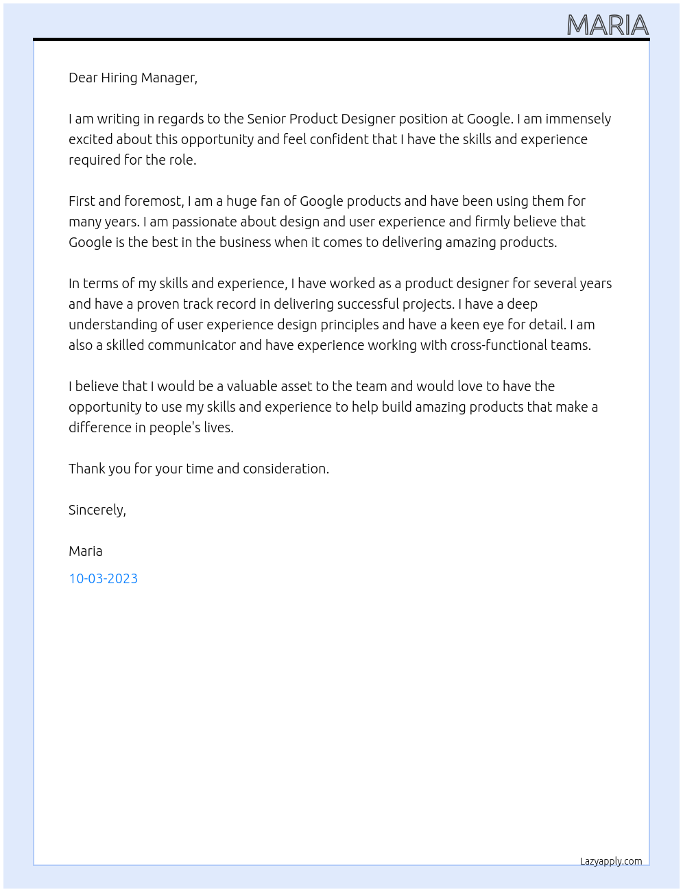 Senior Product Designer At Google Cover Letter