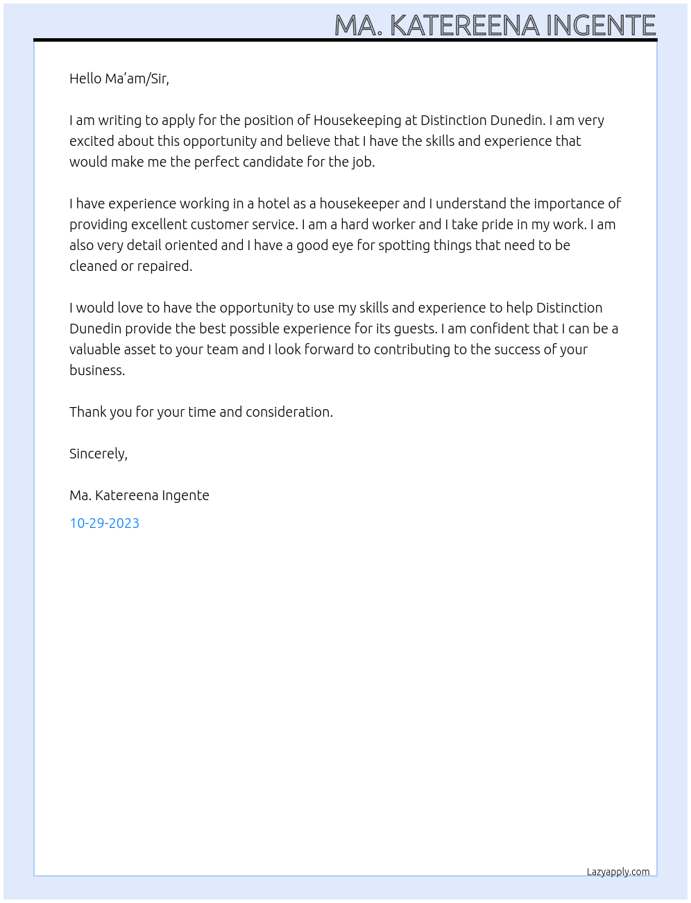 Housekeeping At Distinction Dunedin Cover Letter