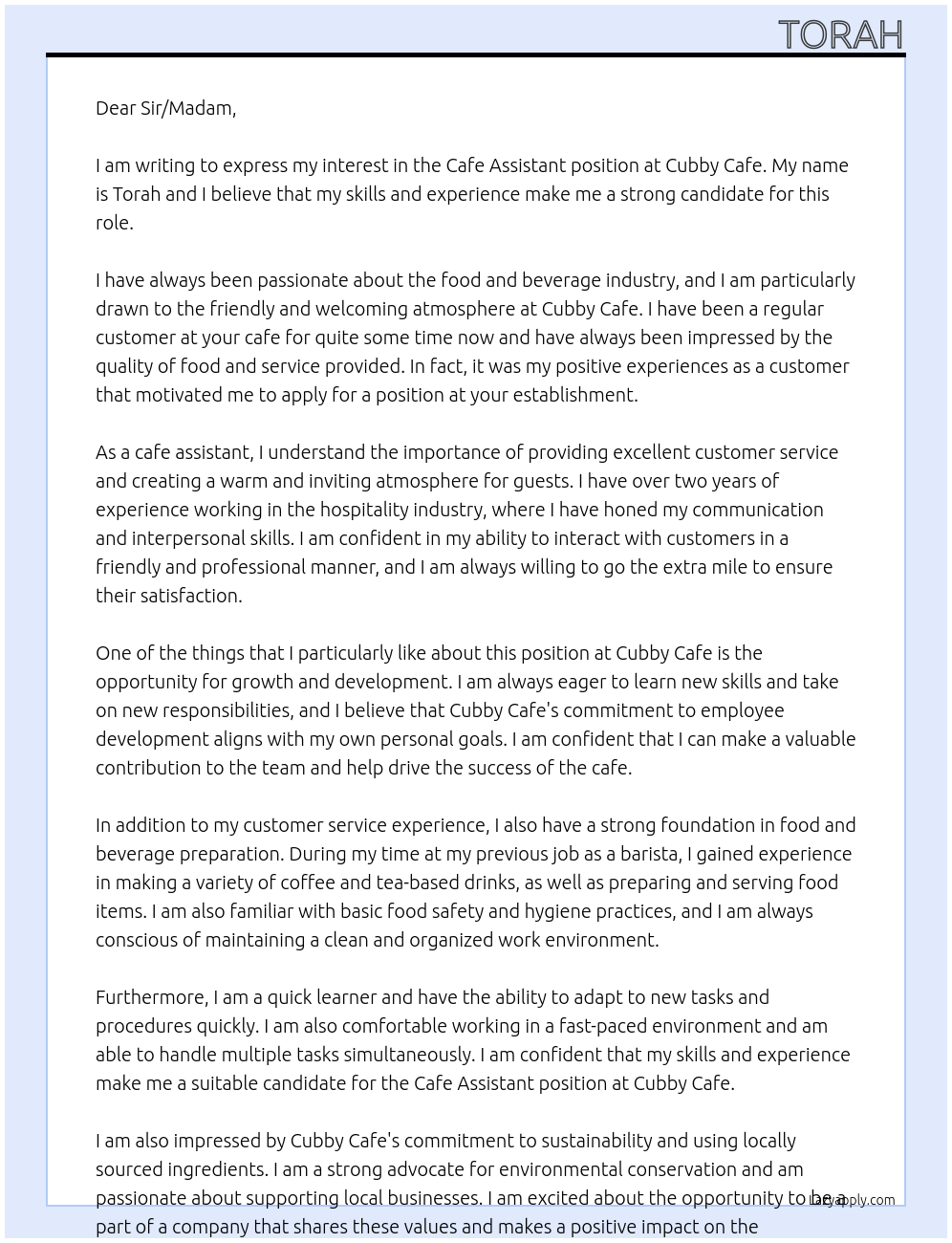 cafe assistant At Cubby cafe Cover Letter