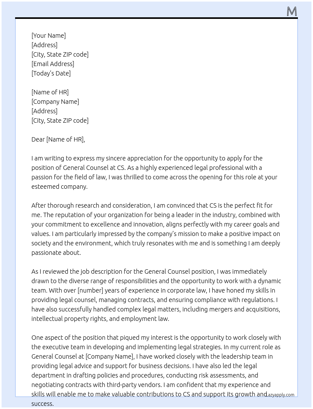 General Counsel At CS Cover Letter