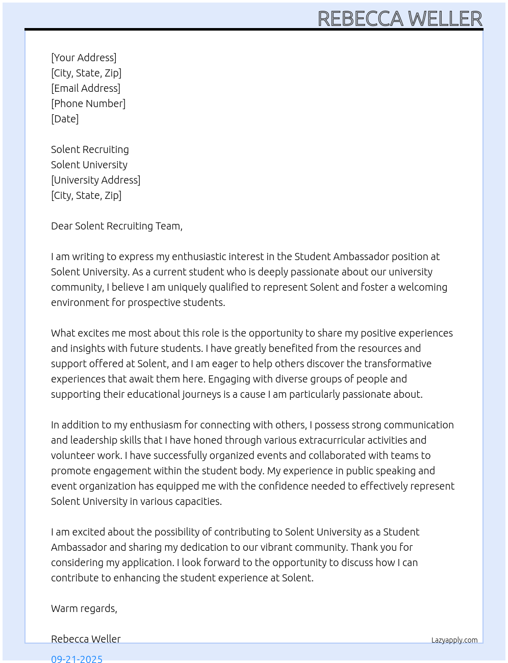 Cover letter for student ambassador - LazyApply