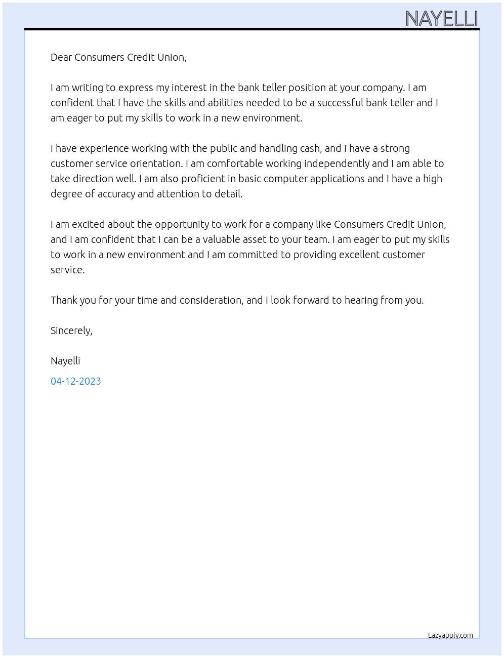 Bank Teller At Consumers Credit Union Cover Letter