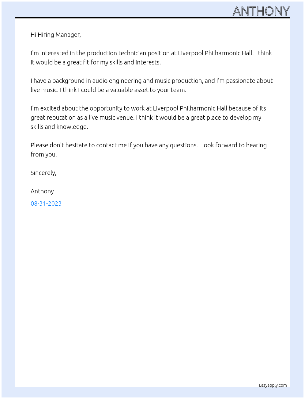 Production Technician At Liverpool Philharmonic Hall Cover Letter