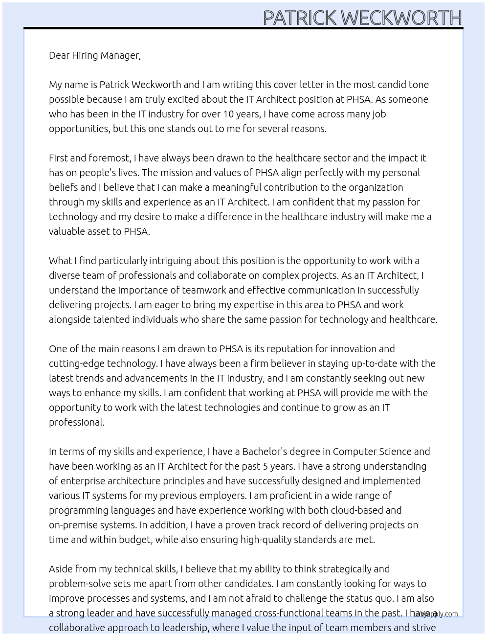 IT Architect At PHSA Cover Letter