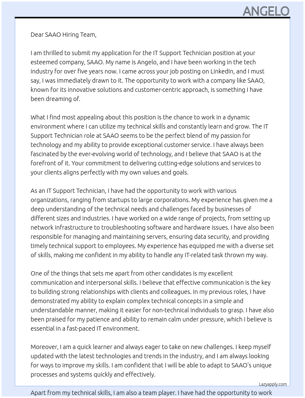 IT Support Technician At SAAO Cover Letter