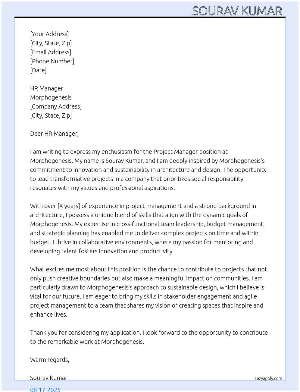 Project Manager At Morphogenesis Cover Letter