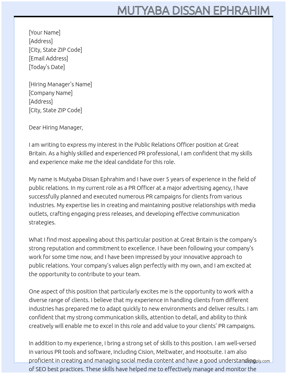 Public Relations Officer  At Great Britain  Cover Letter