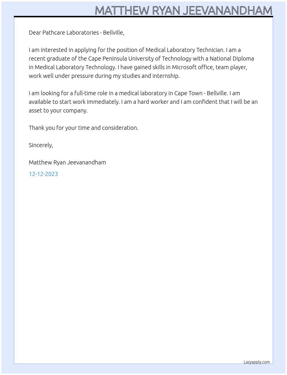 Medical Laboratory Technician At Pathcare Laboratories - Bellville Cover Letter