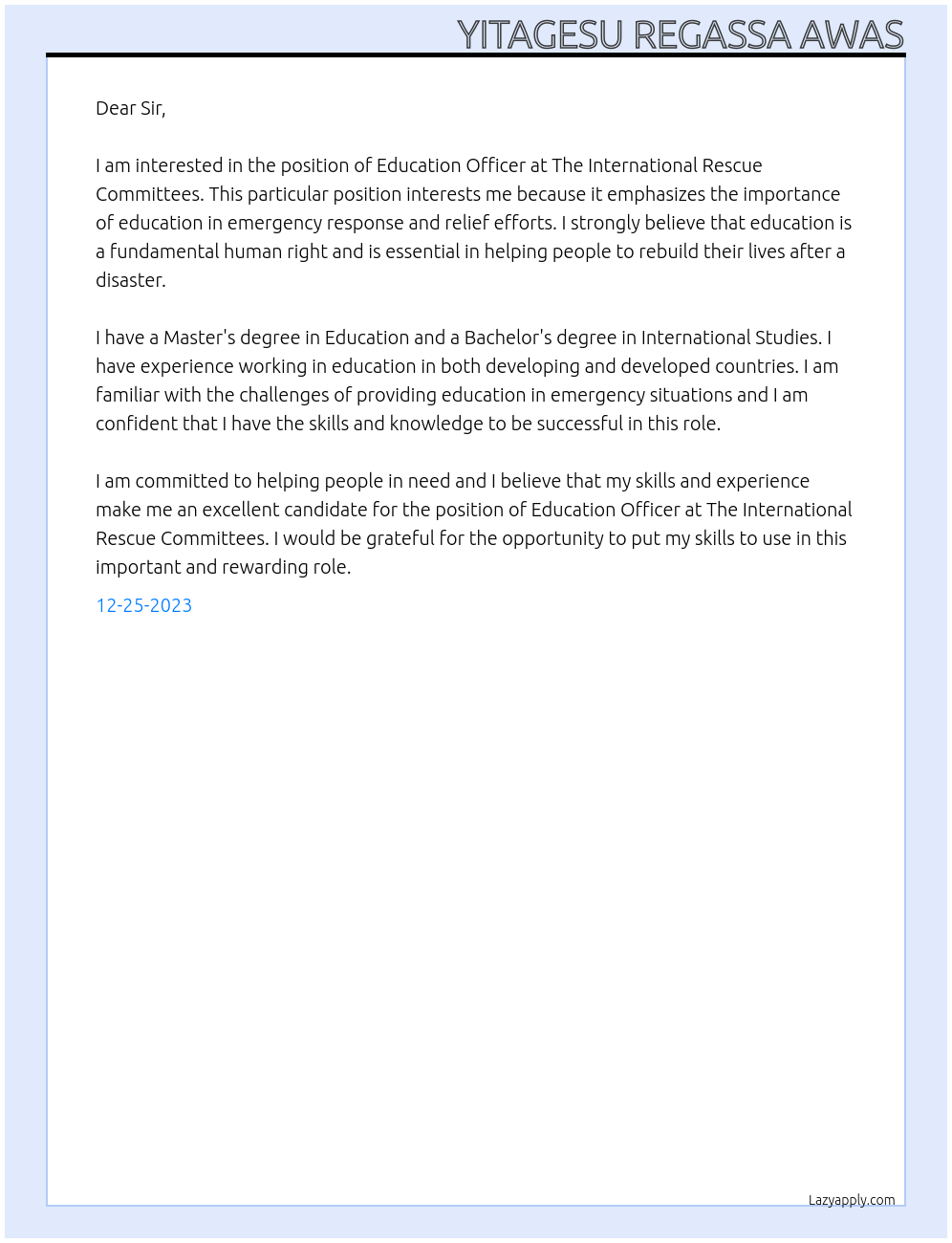 Education Officer At The International Rescue Committees Cover Letter