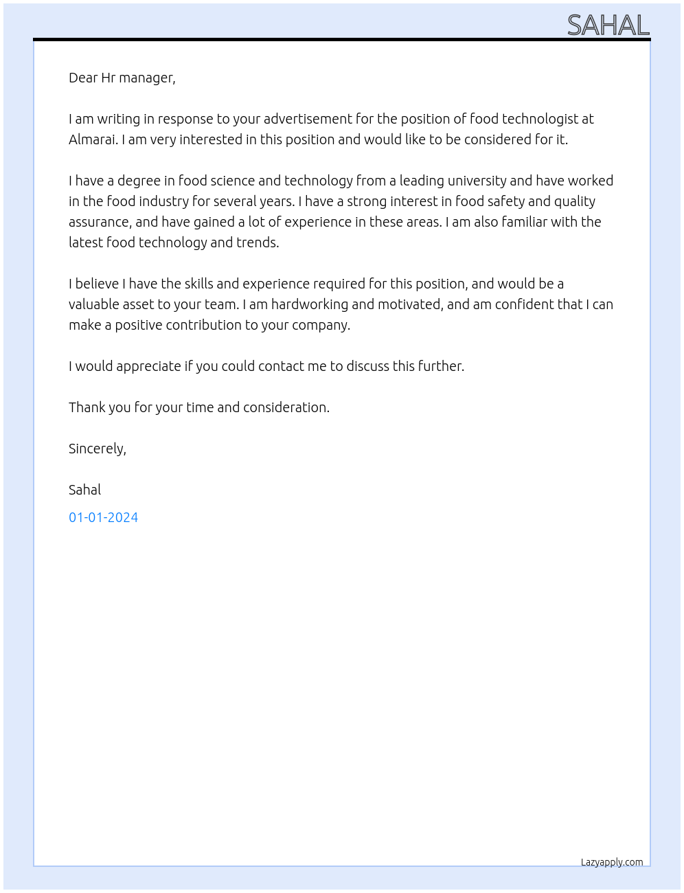 Food technologist  At Almarai Cover Letter