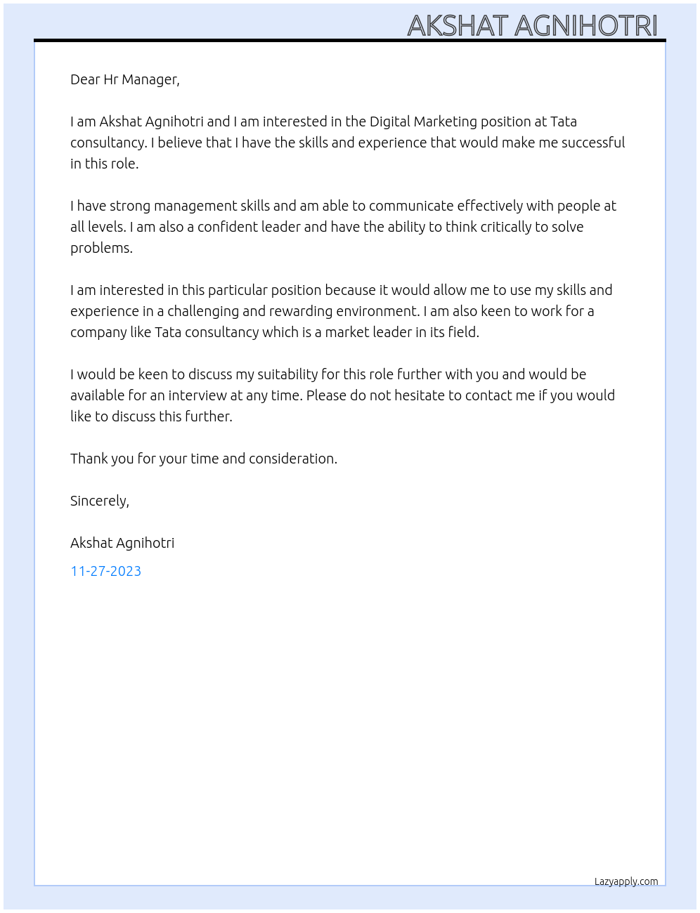Digital Marketing At Tata consultancy Cover Letter