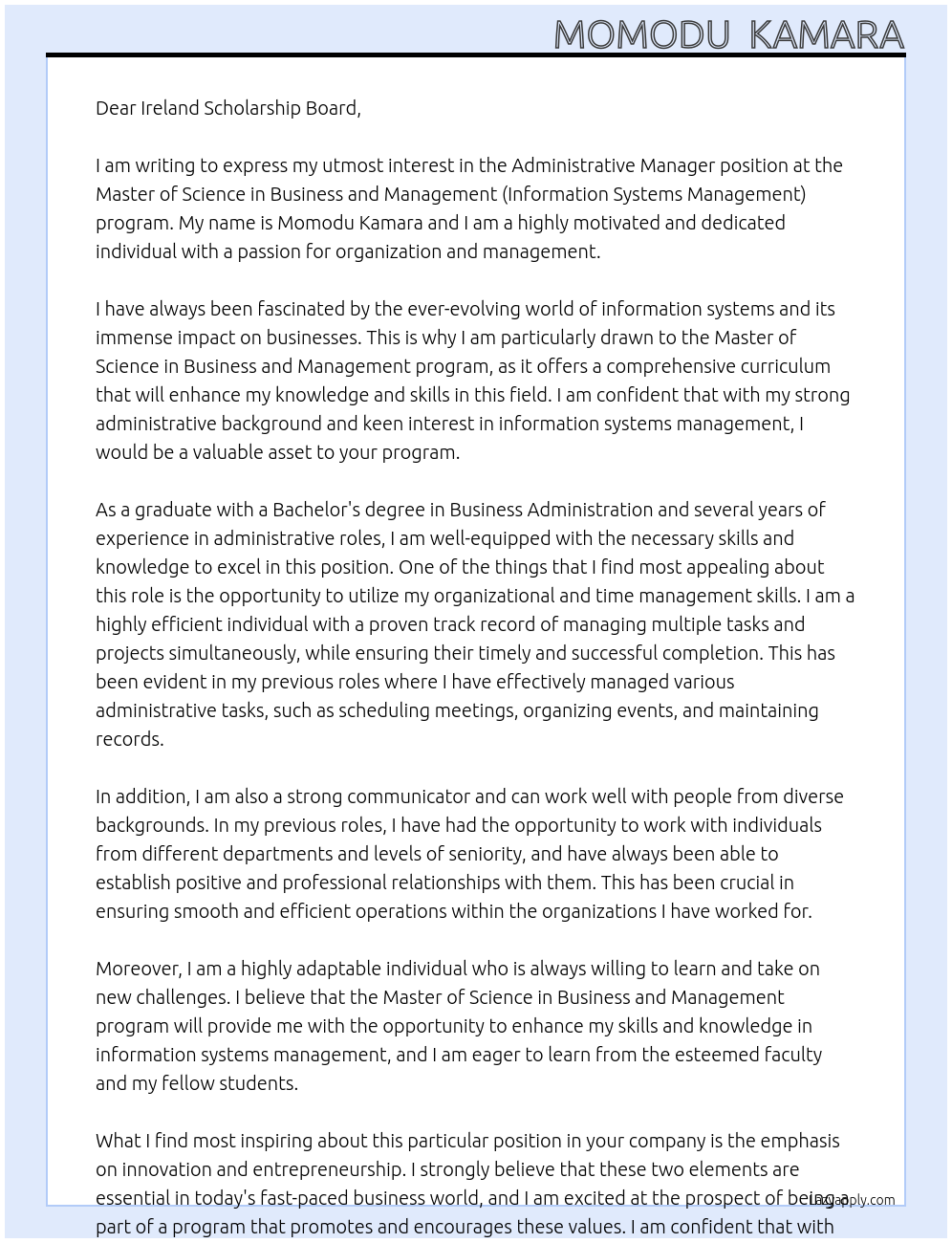 ADMINISTRATIVE MANAGER At Master of Science in Business and Management (Information Systems Management) Cover Letter