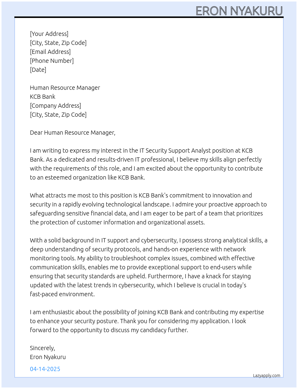 IT Security Support Analyst At KCB BANK Cover Letter