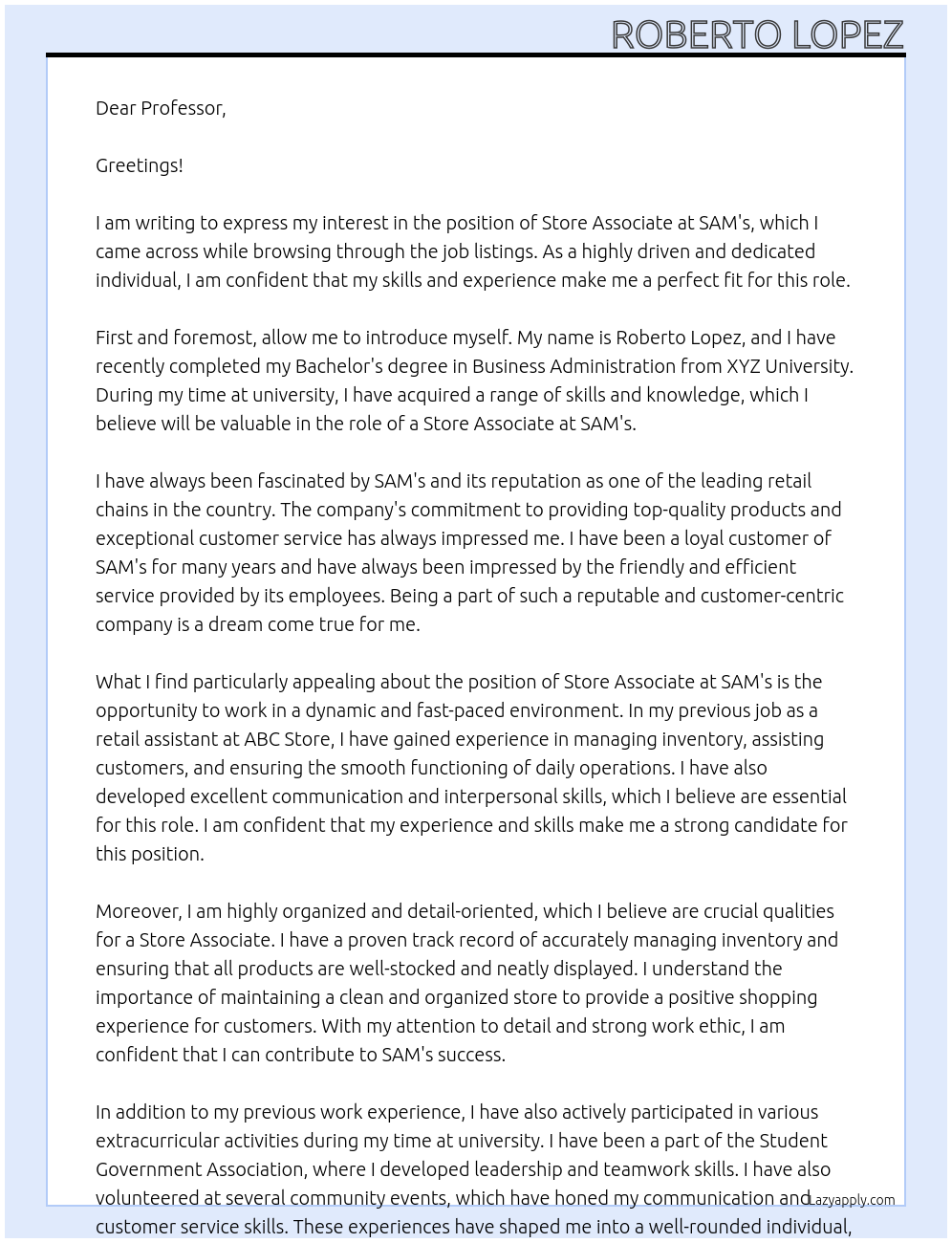 store associate At sams Cover Letter