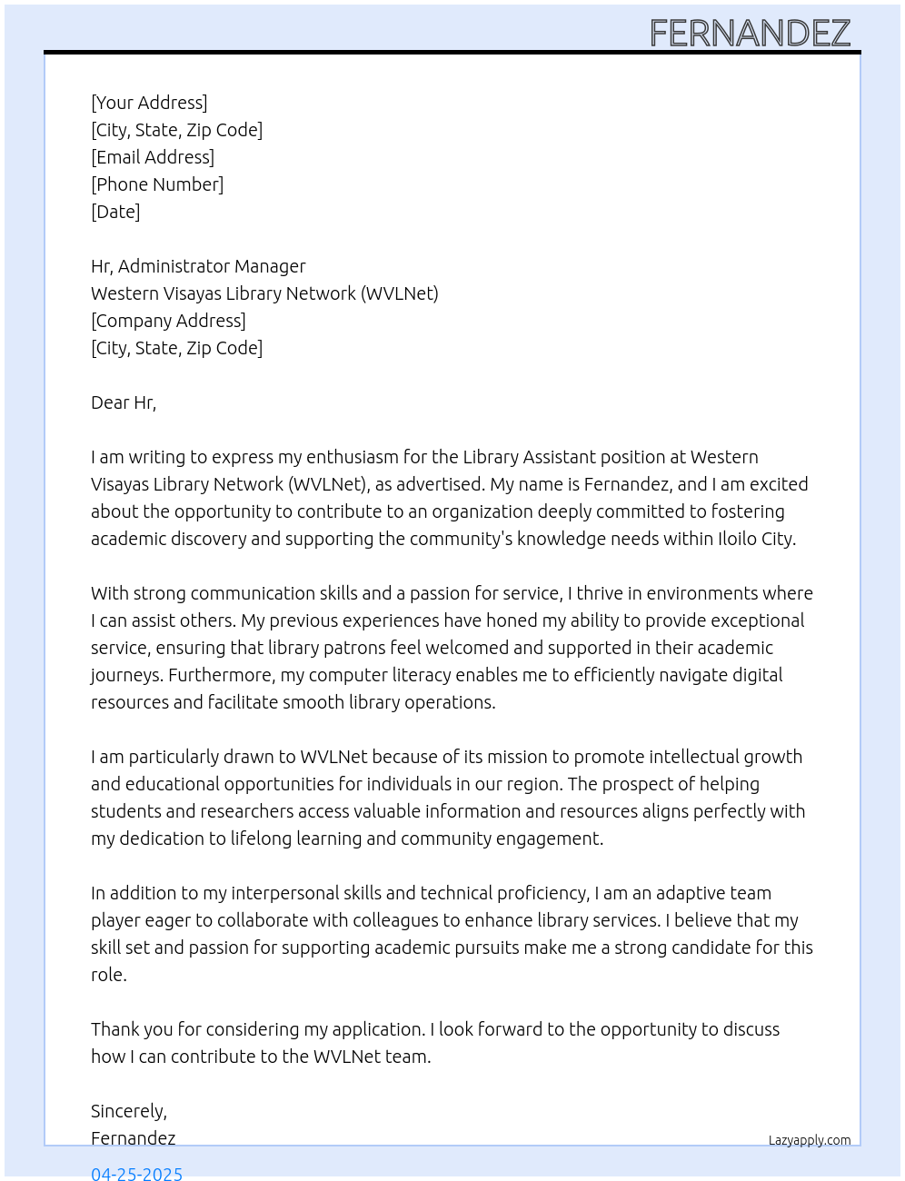 Library assistant At Western Visayas Library Network (WVLNet) Cover Letter