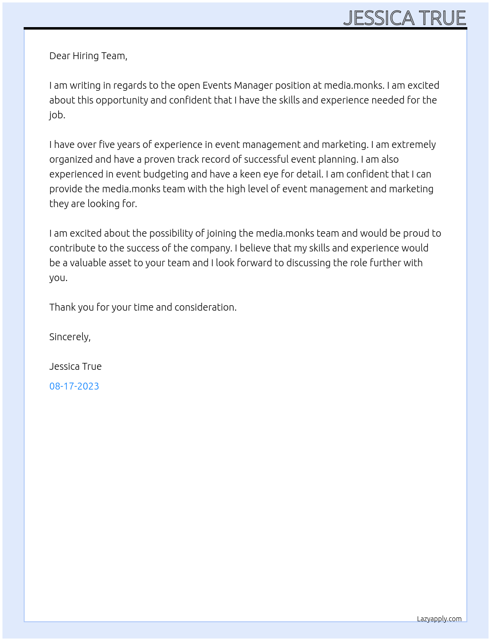 Events Manager At media.monks Cover Letter