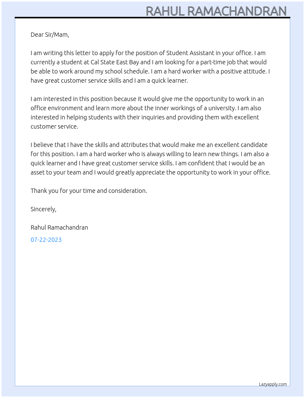 Student assistant  At Office of the registrar, Cal State East Bay Cover Letter