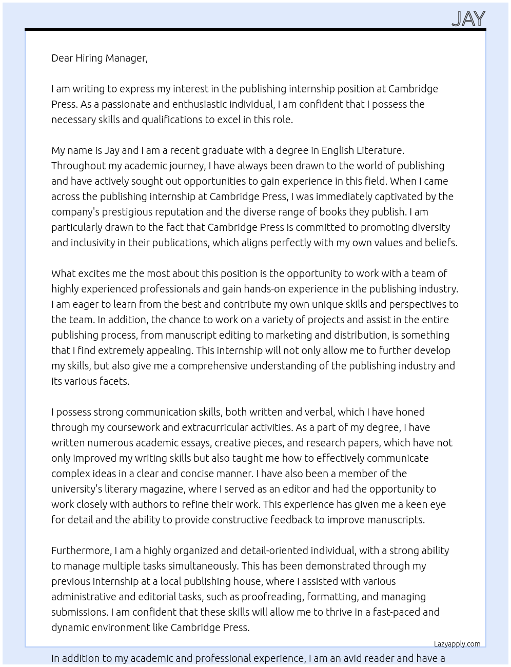 publishing internship At Cambridge Press Cover Letter