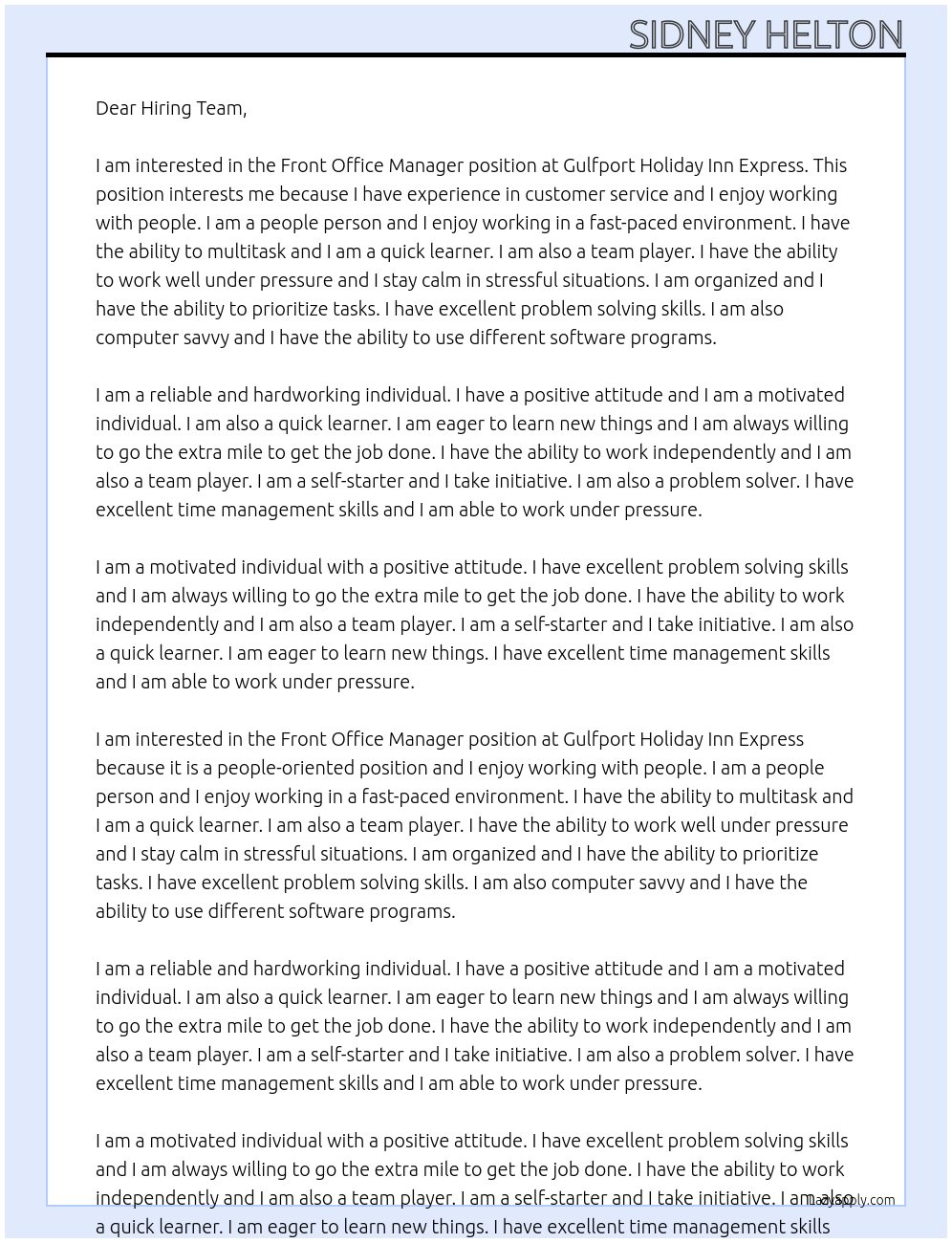 Front Office Manager At Gulfport Holiday Inn Express Cover Letter